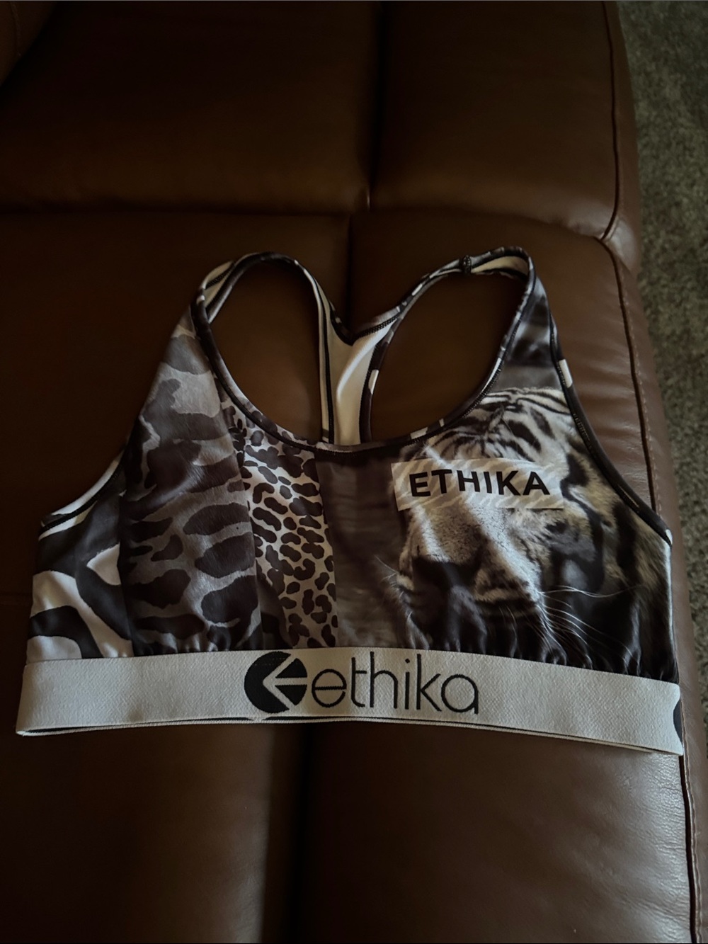 ethika Women's Animal Print Racerback Sports Bra in Brown & Cream